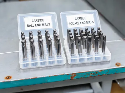 Carbide end mills in organized trays
