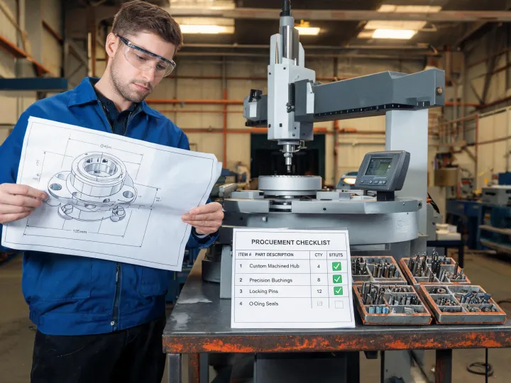 Engineer checking a Misumi custom part drawing at a measurement bench